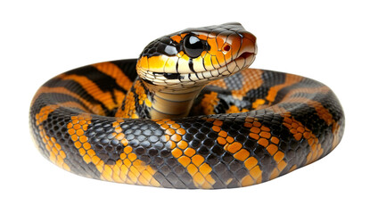 Obraz premium Striking Coiled Snake Reptile Wildlife Black Orange Scales Exotic Animal Closeup