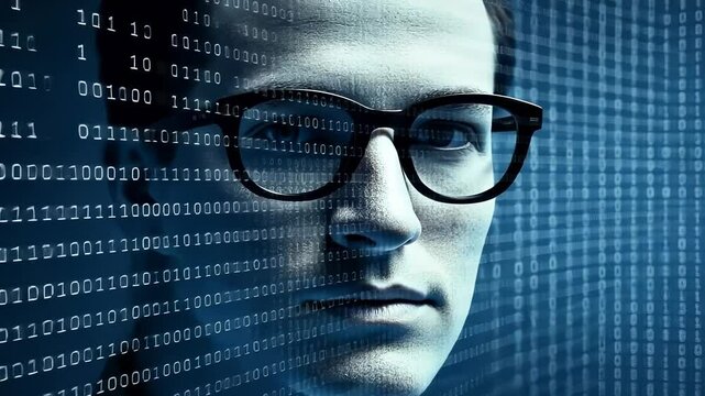 Man with Glasses in Digital Binary Code Background