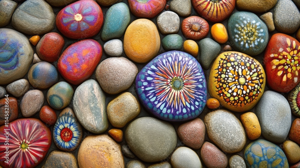 Poster colorful hand-painted stones on a natural rock surface creating an artistic and vibrant pattern suit