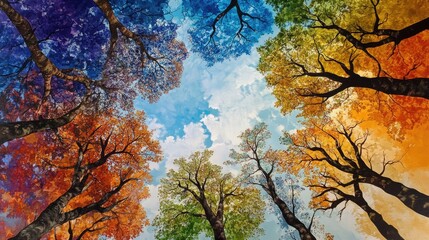 Fototapeta premium Vibrant autumn trees silhouetted against a dynamic blue sky showcasing the beauty of nature's seasonal colors