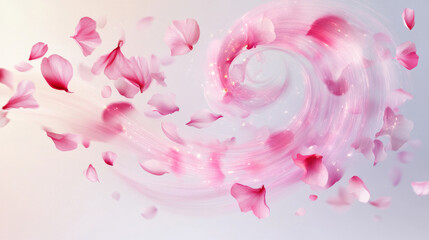 Fototapeta premium Wind swirls with flower pink petals isolated on transparent background. Vector realistic illustration of spiral air vortex with flying blossom petals, magic dust splash