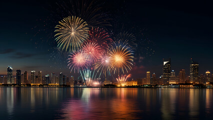 Fantastic fireworks over the river with cityscape at night scene background
