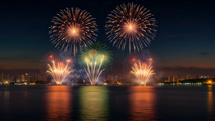 Fototapeta premium Fantastic fireworks over the river with cityscape at night scene background 