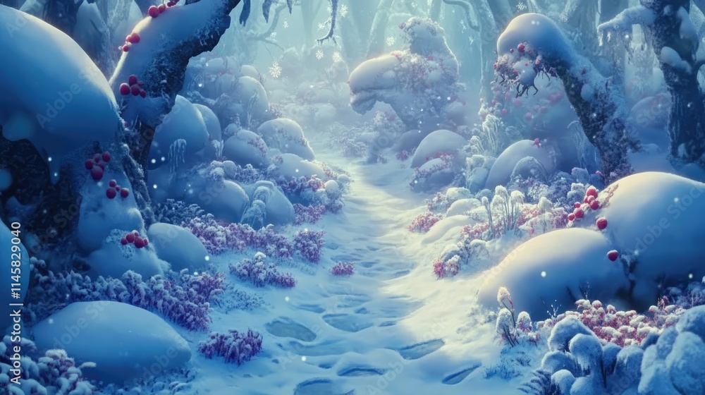Poster enchanting snow-covered forest path in a whimsical fairy tale setting with vibrant flora and etherea