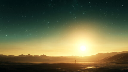 Obraz premium Breathtaking sunrise over a vast desert landscape with a lone figure in the distance