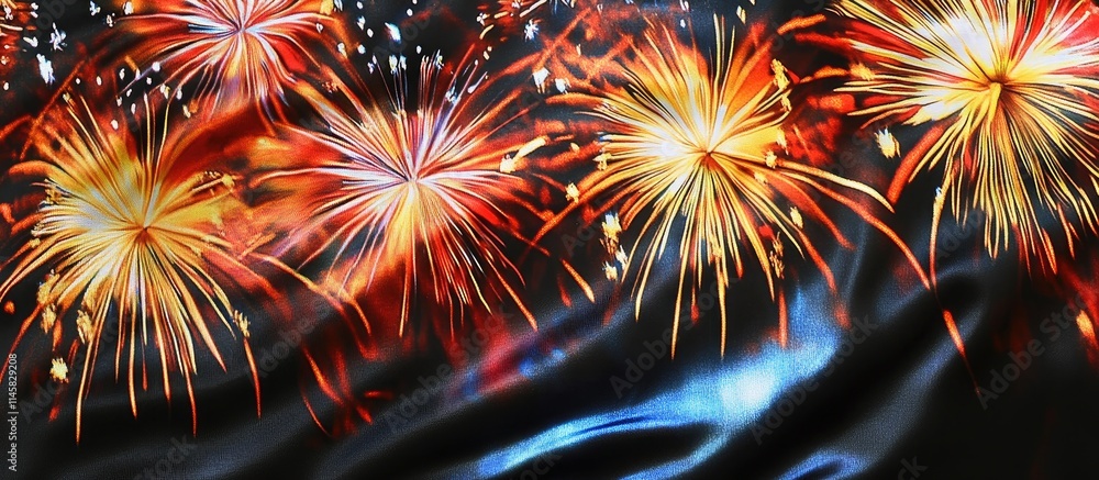 Poster textile flag design showcasing vibrant fireworks patterns with dynamic wind waves in the fabric for 