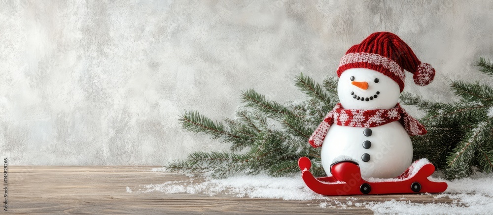 Poster christmas snowman toy on a sled with fir tree branches and snow creating a festive scene ideal for s