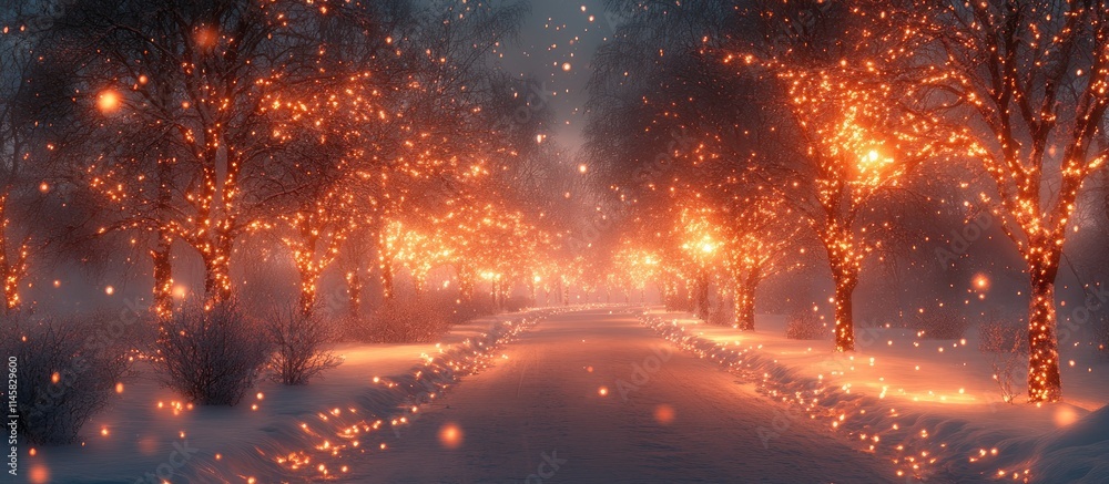 Poster enchanting winter pathway illuminated by glowing trees creating a magical and romantic atmosphere in