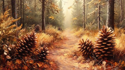 Autumn forest path adorned with pine cones surrounded by vibrant foliage and soft morning light