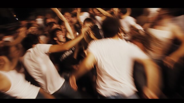 Excited fans enjoying live music at rock concert, jumping and dancing in crowd