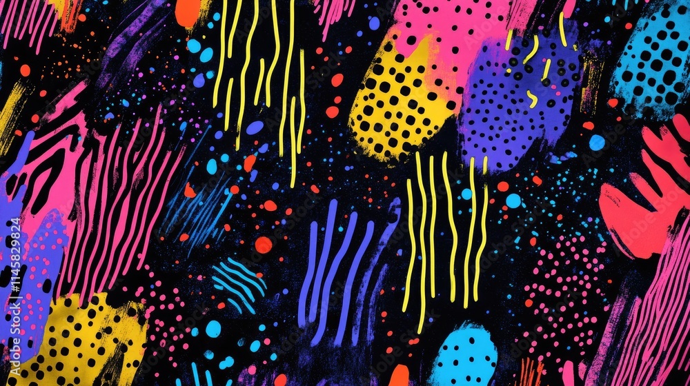 Poster colorful abstract background with vivid lines spots and textures in neon hues on a black backdrop cr