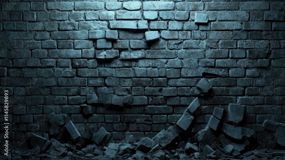 Poster dark textured background of an old broken brick wall with debris for use in design and architectural