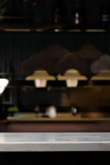 Empty white marble stone table top and blur interior cafe and restaurant.