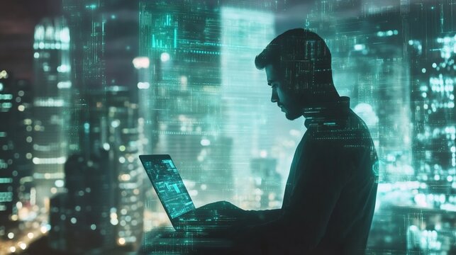 Software developer working on laptop with abstract digital overlay and city view - Powered by Adobe