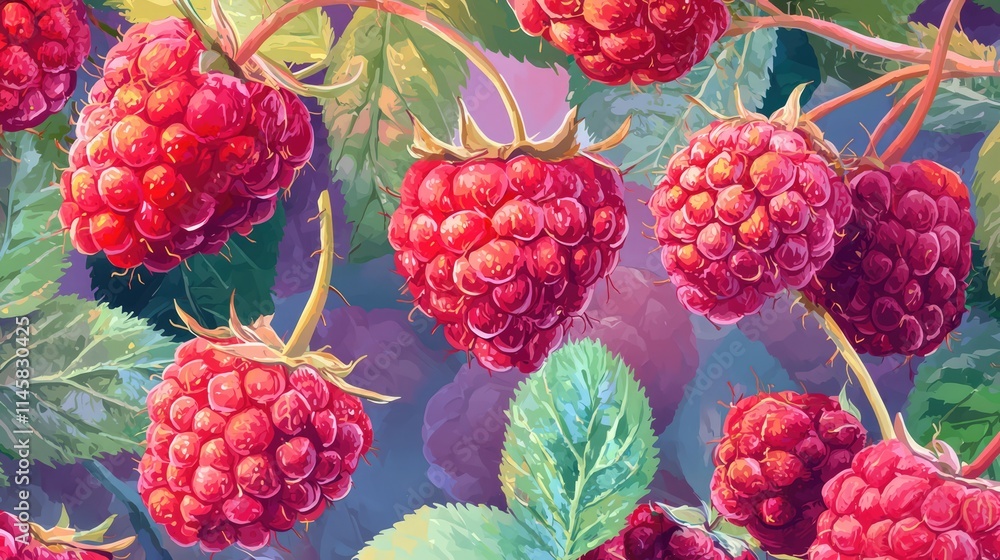 Poster vibrant raspberry pattern with lush green leaves creating a colorful and fresh botanical background 