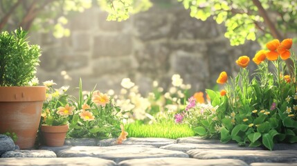 Idyllic garden flourishing with colorful flowers in terracotta pots