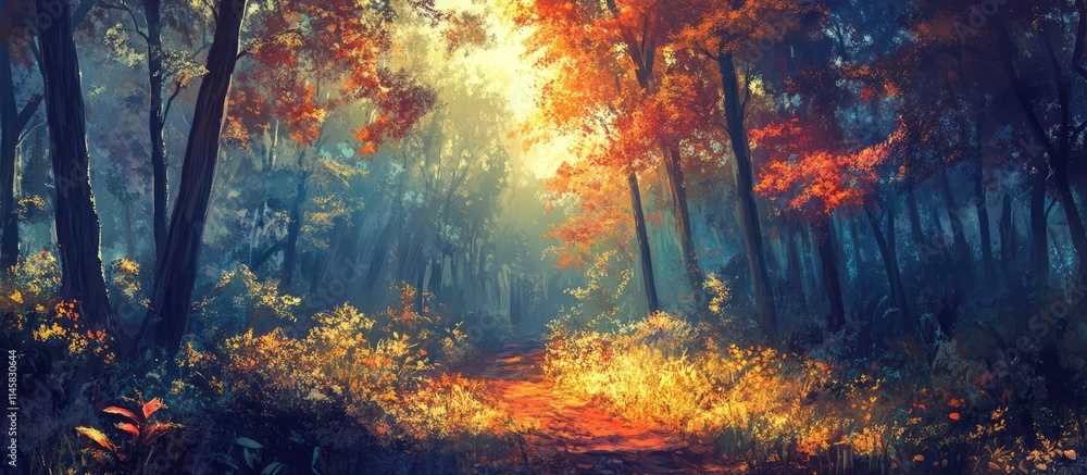 Aufkleber enchanted forest path illuminated by soft sunlight filtering through colorful autumn leaves