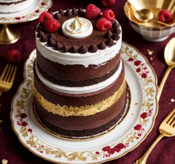 A beautifully layered chocolate cake topped with raspberries and decorative elements.