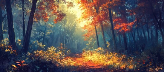 Enchanted forest path illuminated by soft sunlight filtering through colorful autumn leaves