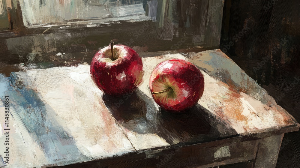 Poster red apples on a wooden table illuminated by soft sunlight showcasing their texture and vibrant color