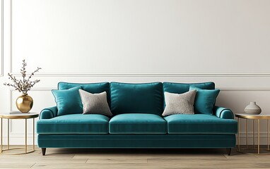 Teal velvet sofa with gray pillows in a minimalist living room.