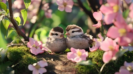 Two baby birds resting on mossy branch surrounded by pink flowers