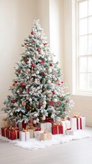 Cozy Frosted Christmas Tree with Colorful Gifts Underneath