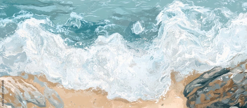 Poster overhead view of ocean waves crashing on rocky shore creating white foam and ripples along the sandy