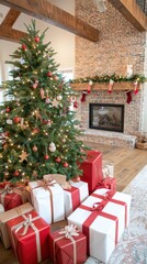 Obraz premium Festive Living Room with Christmas Tree and Wrapped Gifts