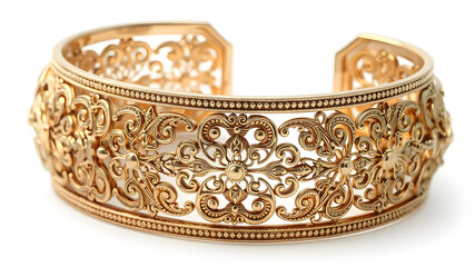 A luxury cuff bracelet with intricate filigree patterns, isolated on white