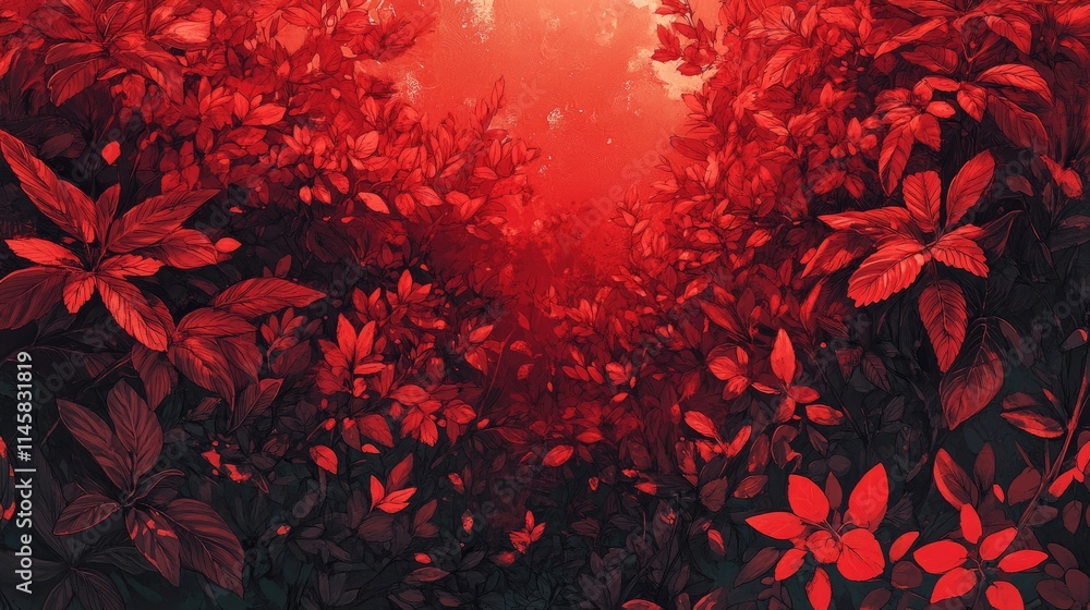 Poster vibrant red foliage creating an enchanting forest atmosphere with rich textures and depth in nature'