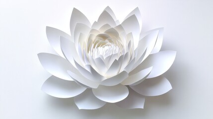 11.A delicate white lotus flower illustration created from layered paper cutouts, with petals gracefully spread out in a symmetrical design. The flower has a soft shadow effect, giving it a 3D