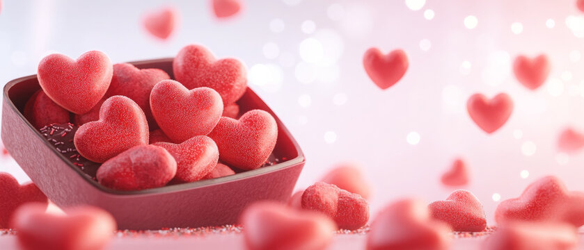 Sweet heart shaped candies in bowl with sparkling background