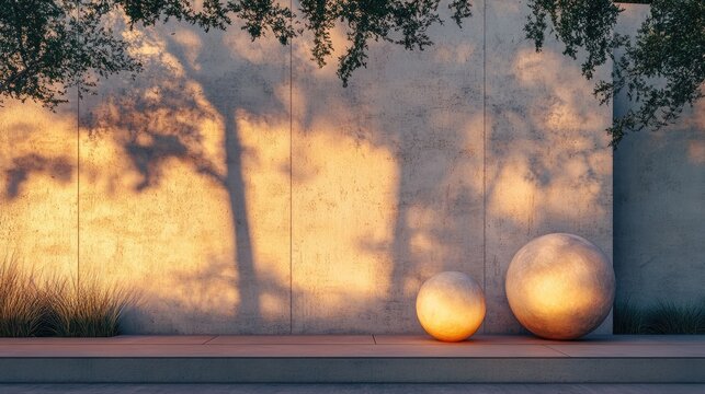 Ornamental spheres illuminated by sunset light against a concrete wall showcasing textures and shadows in Alys Beach Florida