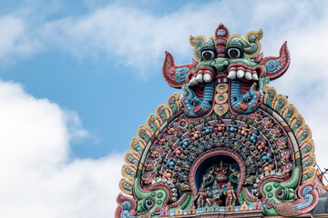 Detail of ornate carvings on the roof of the gopuram tower of the ancient Sriranganathaswamy temple in Srirangam