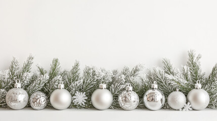 Obraz premium Silver Christmas Ornaments Frosted Pine Branches White Background