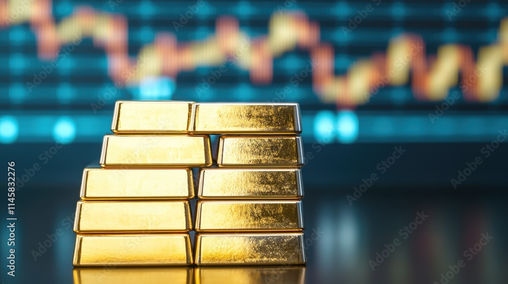 Poster a stack of gold bars sits in the foreground, with a colorful financial graph blurred in the backgrou