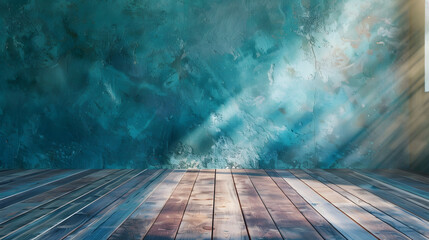 empty room with wooden floor and turquoise background