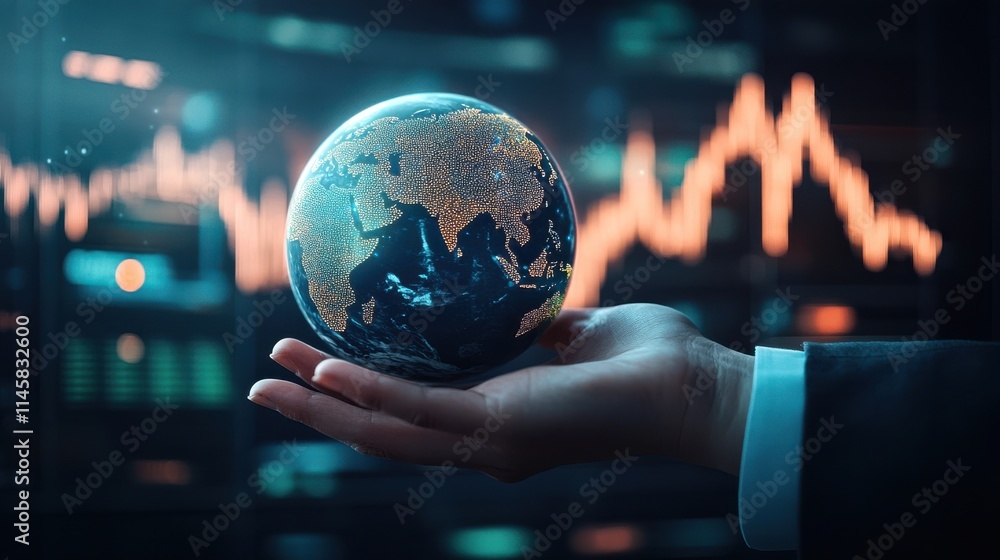 Poster a hand holds a globe with a digital financial graph in the background, symbolizing global economics 
