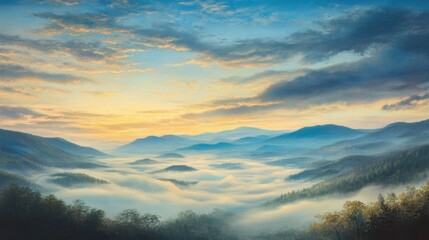 Obraz premium Morning Mist Over Serene Mountains with Expansive Blue Sky and Golden Sunrise Light