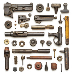 Fototapeta premium Dismantled gun parts arrangement workshop photography industrial setting top-down view mechanical components
