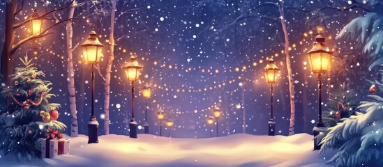 Obraz premium Winter Wonderland Holiday Greeting Card Background with Snow, Lanterns, and Festive Lights