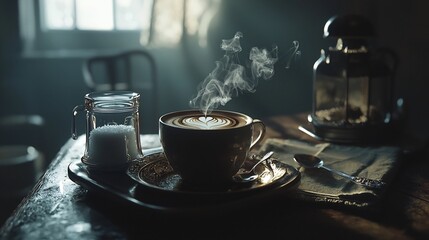 Steaming Coffee Mug with Cream Swirling on Small Rustic Tray with Sugar Jar and Spoon