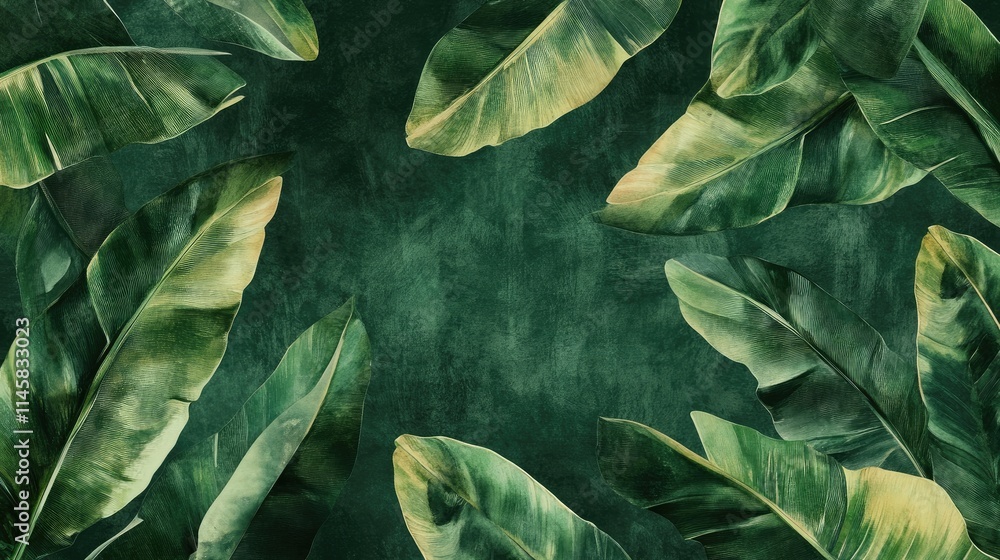 Poster lush green banana leaf texture background creating a vibrant and tropical atmosphere for design and 