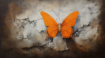 Fotobehang  Vibrant Orange Gull Butterfly on Cracked Earth Backdrop Artistic Representation  © Holo Frame