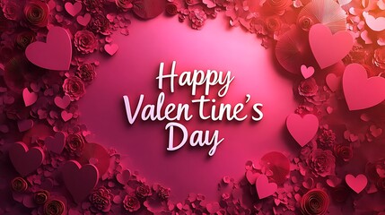 Elegant 3D paper cutout "Happy Valentine's Day" text framed by layers of pink and red heart-shaped designs, soft glowing light from the center, hyperrealistic paper details, cinematic shadows,