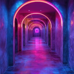 Obraz premium Neon-lit hallway with arched doorways and vibrant purple and blue walls.