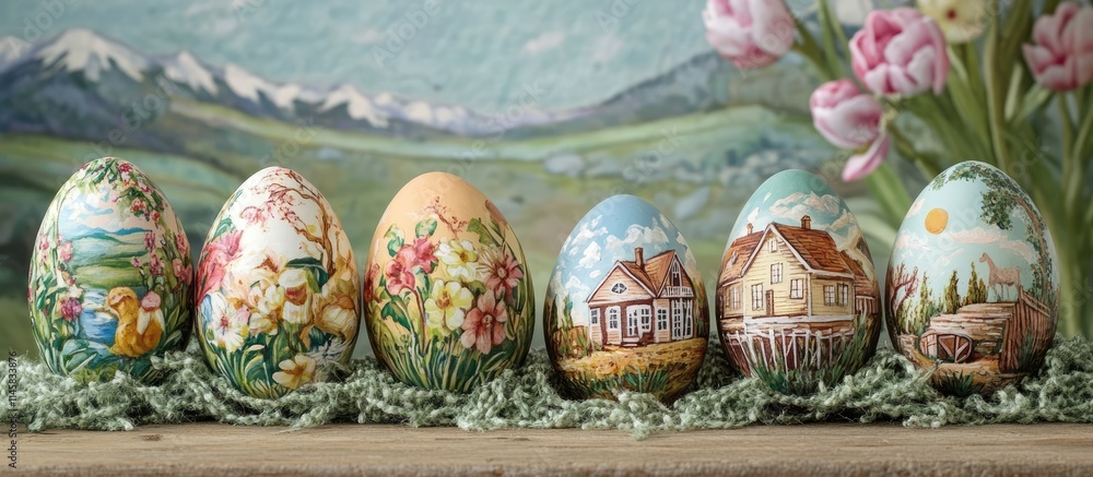 Poster painted easter eggs displayed on a rustic farm setting with flowers and scenic background for a fest