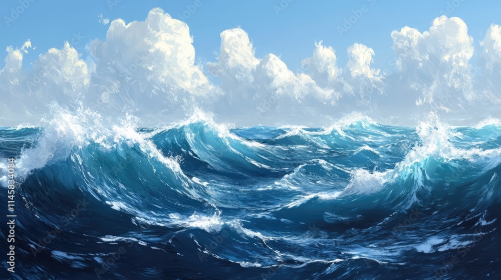 Poster dynamic ocean waves crashing against each other under a bright blue sky with fluffy clouds creating 