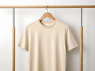beige t-shirt hanging with wood hanger on wall